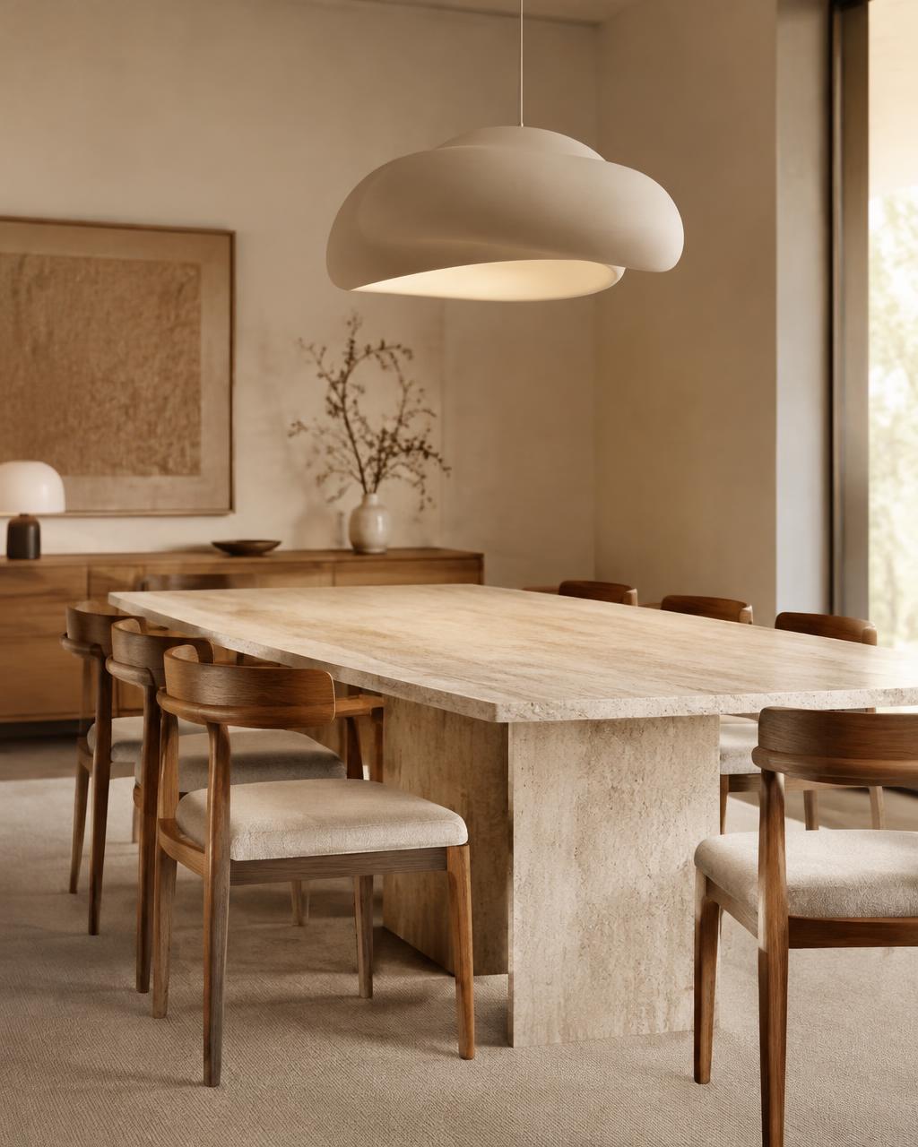 Travertine table & solid ash chairs
